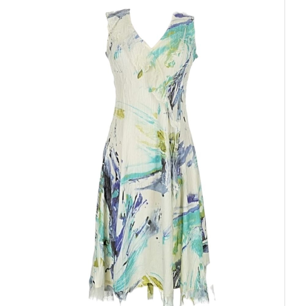 Komarov Watercolor Print Crinkle Mini Dress White Blue Green Size M